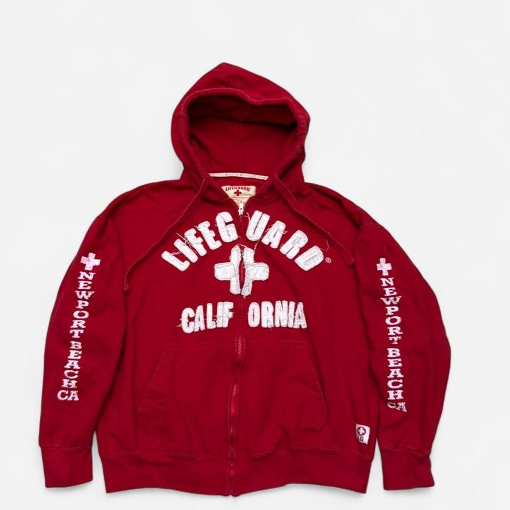 Lifeguard red zip up hoodie with white text reading LIFEGUARD CALIFORNIA size XL